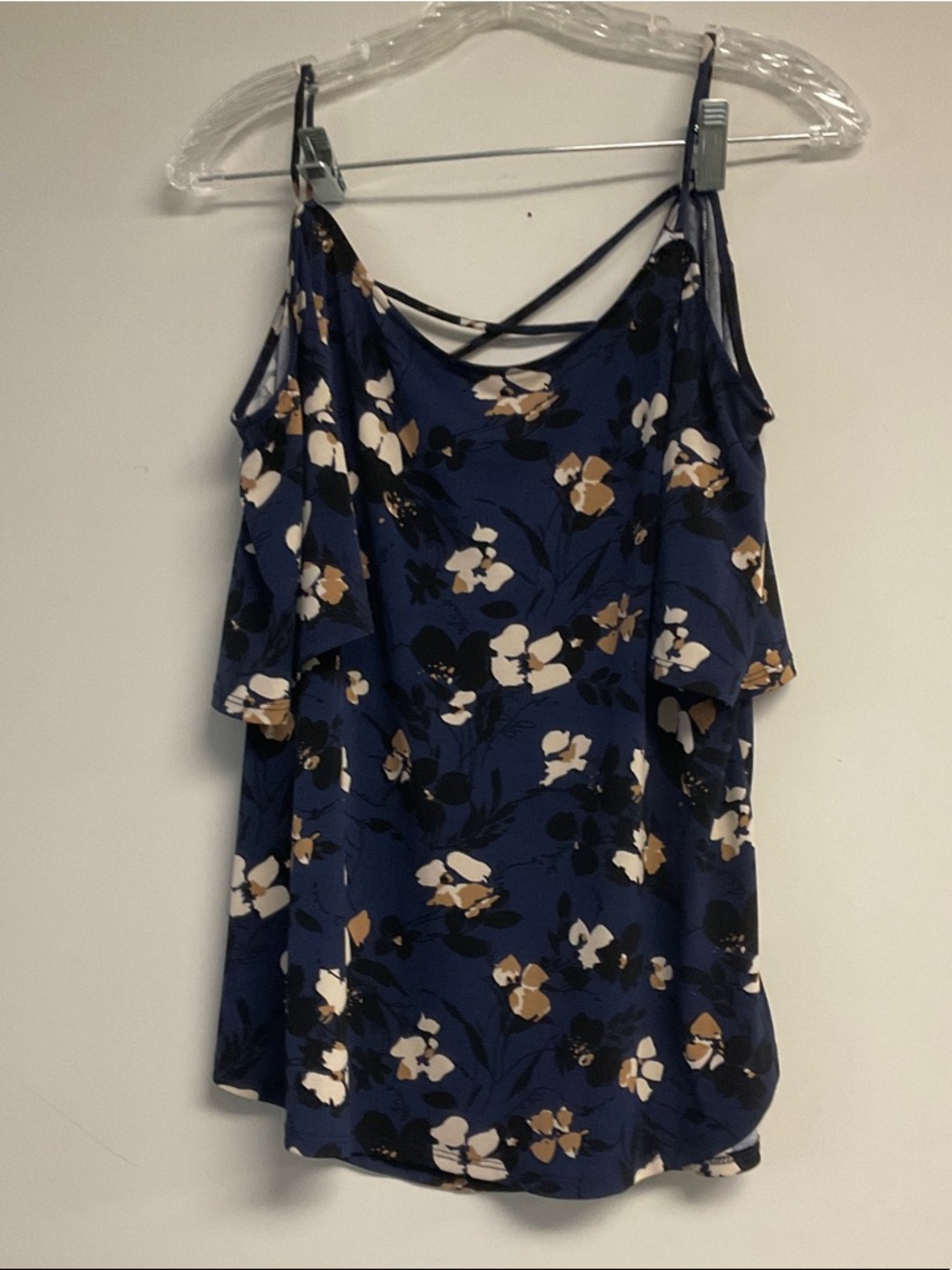 Kaileigh Navy Floral Ruffle Cold-Shoulder Camisole
